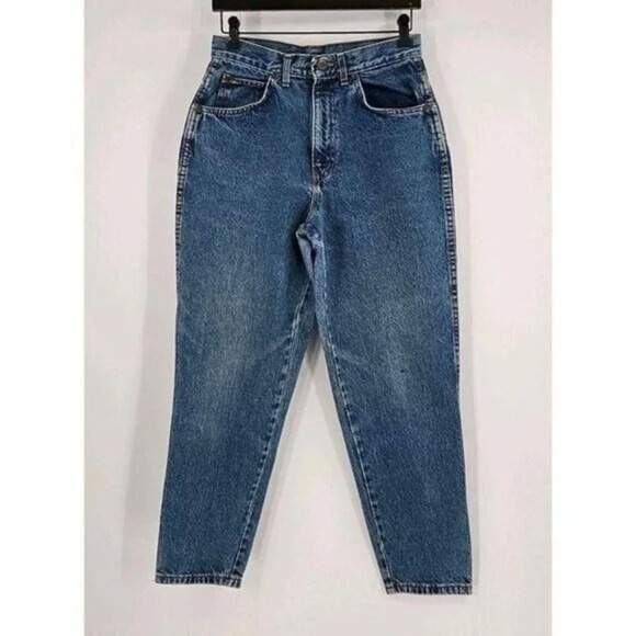 Vintage Chic Blue Denim High Waisted Tapered Leg Mom Jeans USA Made Sz 12P - Picture 1 of 6